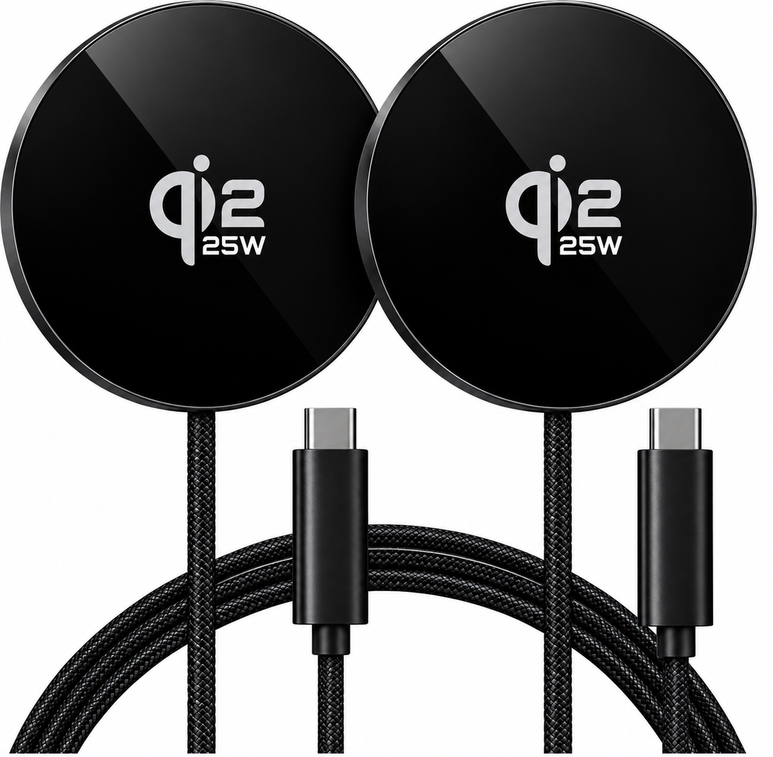 Two black circular 25W wireless charging pads with braided black cables and USB-C connectors, shown on a white background.