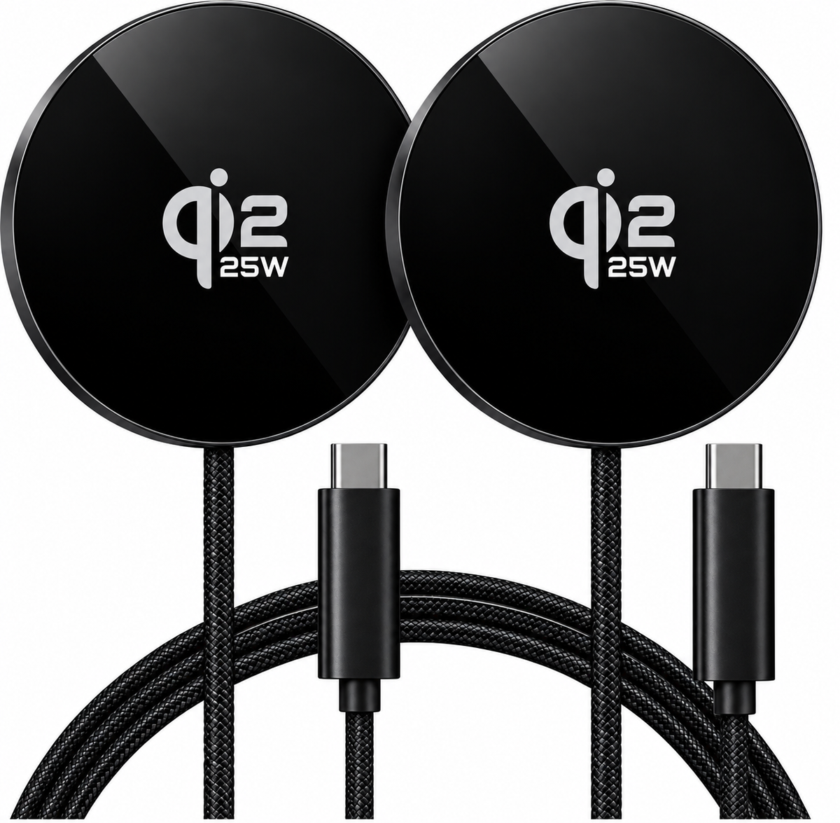 Two black circular 25W wireless charging pads with braided black cables and USB-C connectors, shown on a white background.