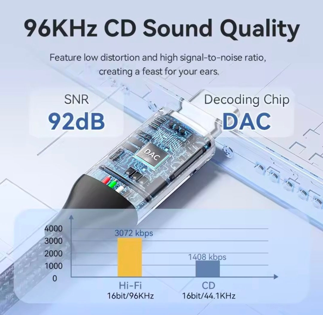 Technical diagram of a decoding chip and DAC with 96KHz CD sound quality features.