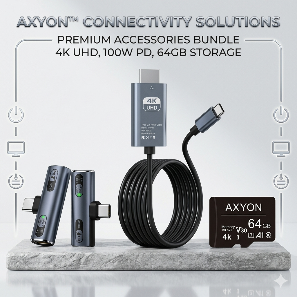 Axyon connectivity solutions product bundle including a cable, adapter, and memory card on a light gray background.