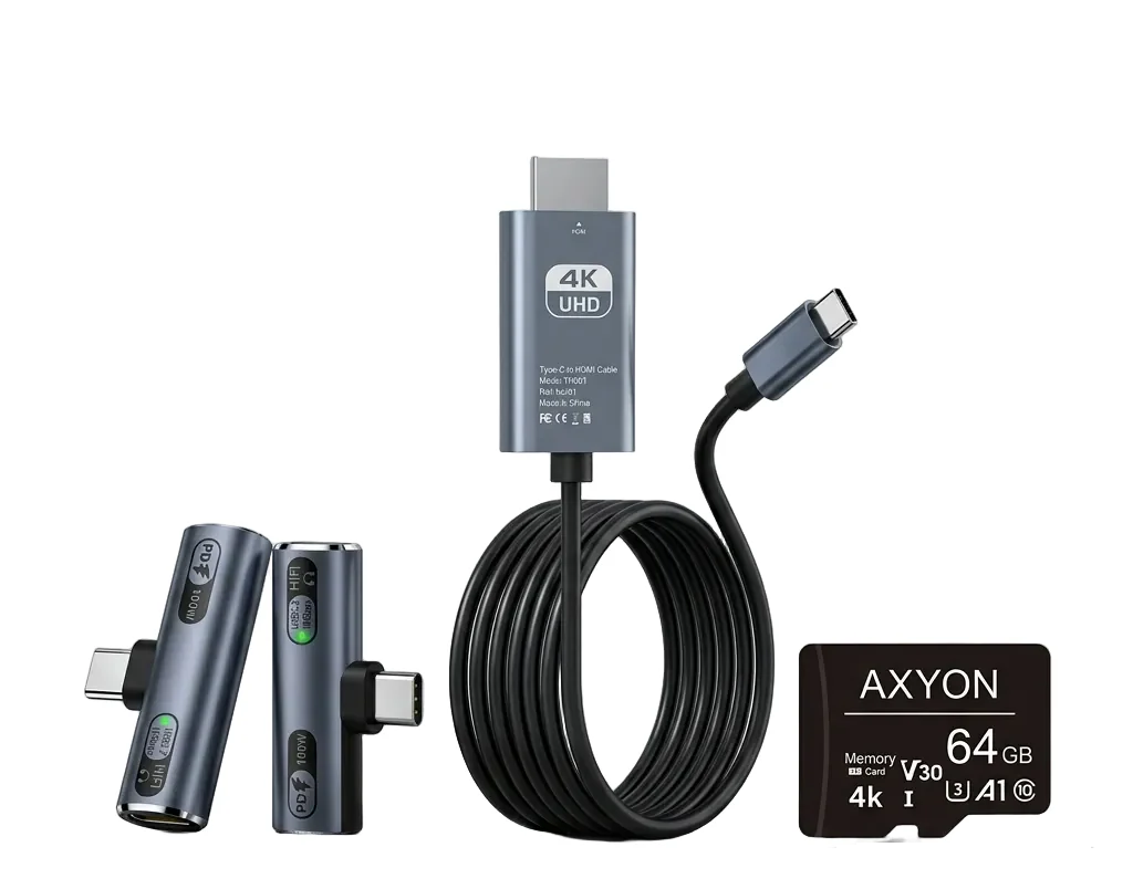 Axyon connectivity solutions product bundle including a cable, adapter, and memory card on a light gray background.
