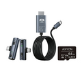 Axyon connectivity solutions product bundle including a cable, adapter, and memory card on a light gray background.