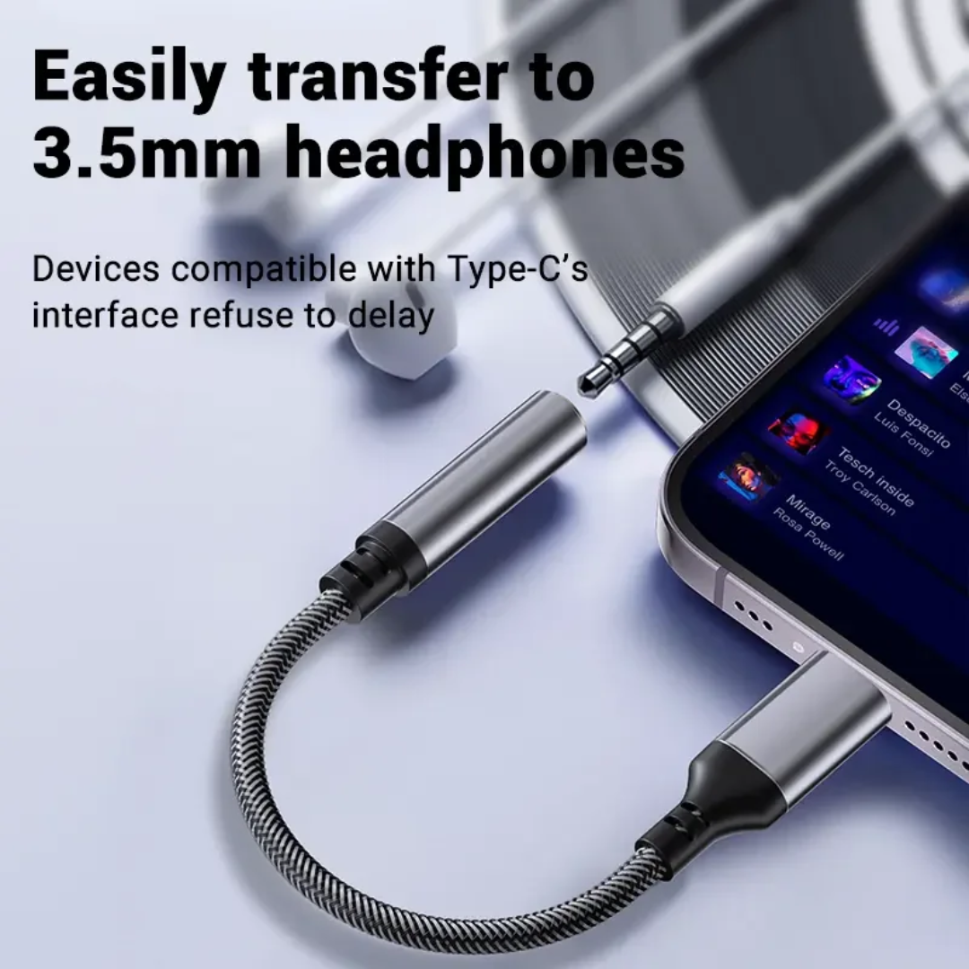 AXYON USB C to 3.5mm headphone adapter with DAC chip connected to smartphone and wired earphones with braided cable