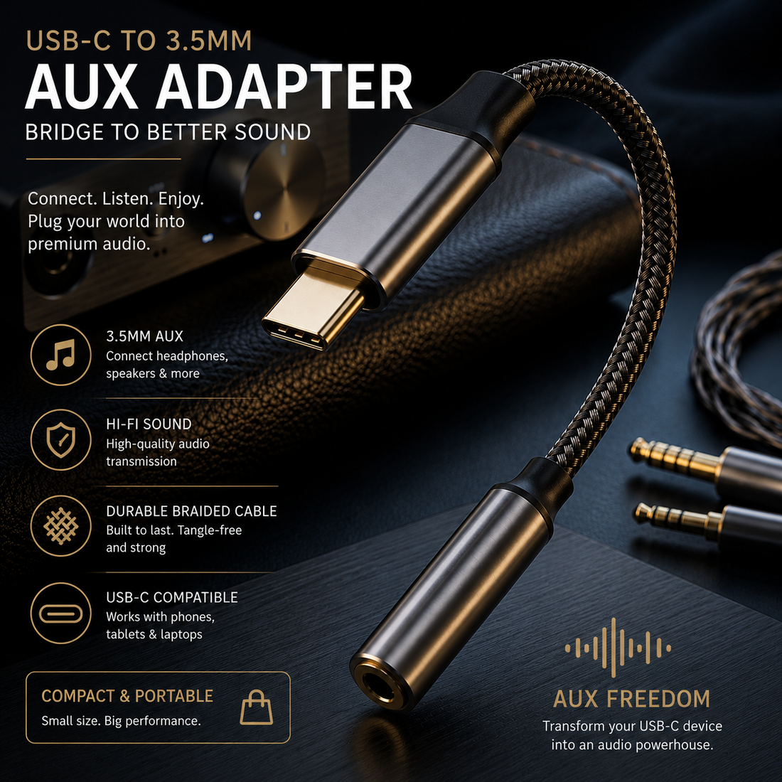 USB-C to 3.5mm audio adapter on a white background