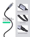 AXYON USB-C cable durability features showing 10000+ bend lifespan, premium aluminum case, nylon braided construction and reinforced connector