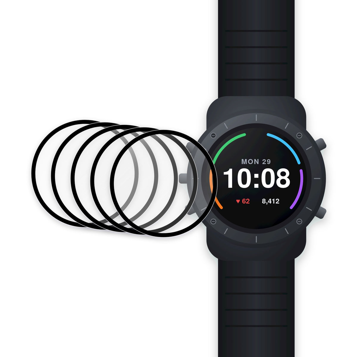 AXYON PMMA 3D soft film screen protector 5-pack beside a round smartwatch