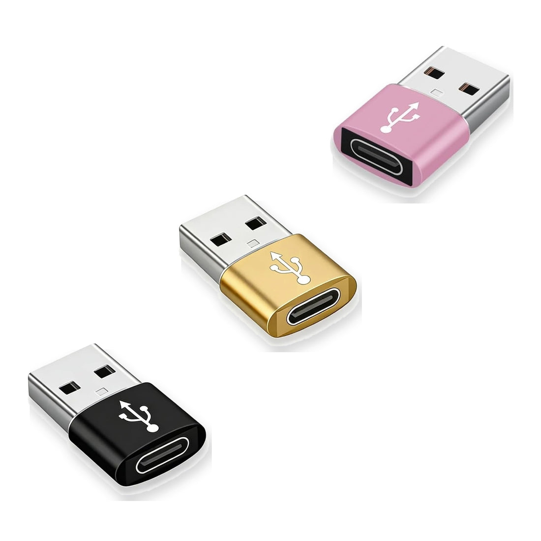 AXYON USB-A to USB-C adapters in Black, Gold and Rose Gold, aluminium shell