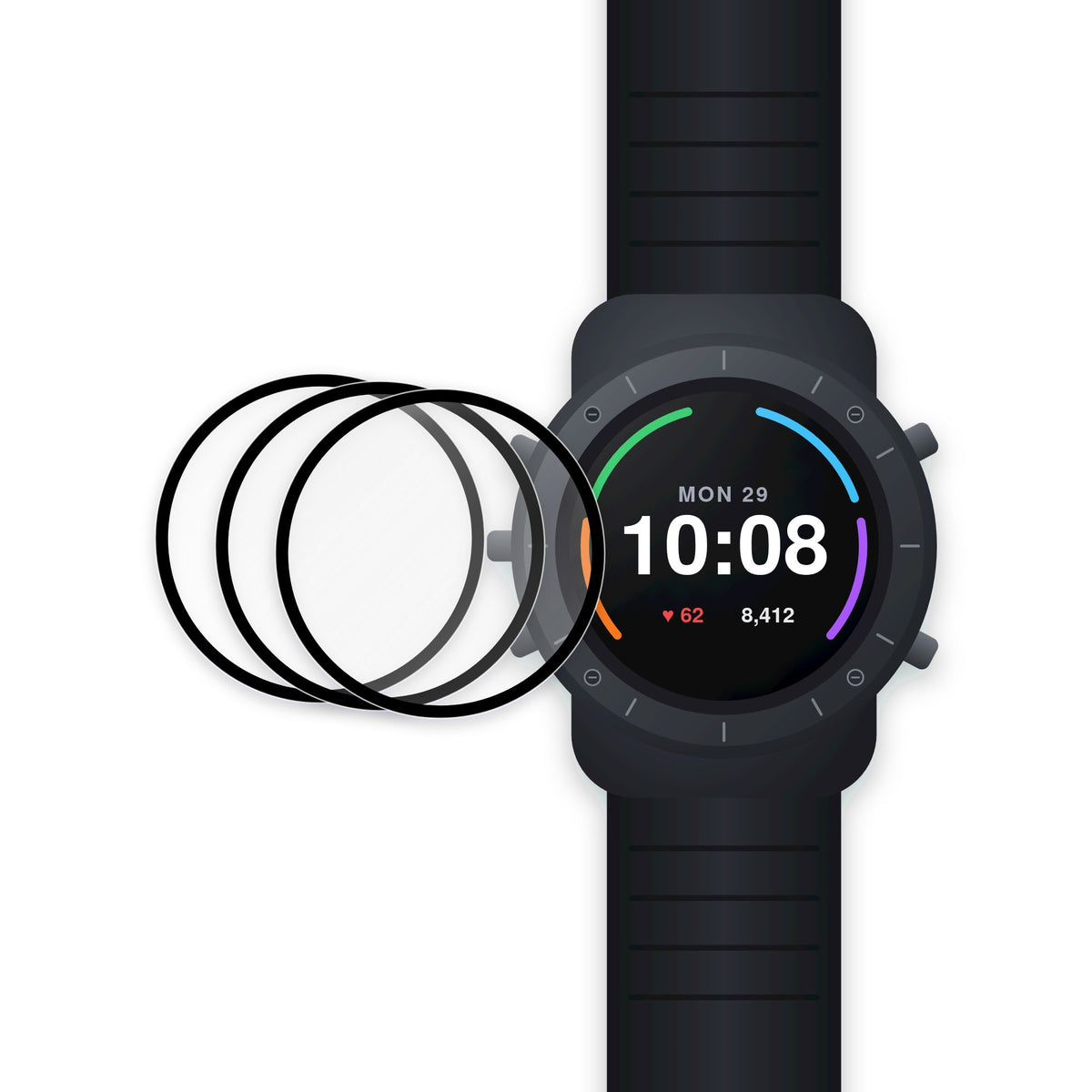 AXYON PMMA 3D soft film screen protector 3-pack beside a round smartwatch