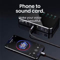 iPhone connected to external sound card via AXYON Lightning to 3.5mm cable - professional audio interface for voice enhancement and recording