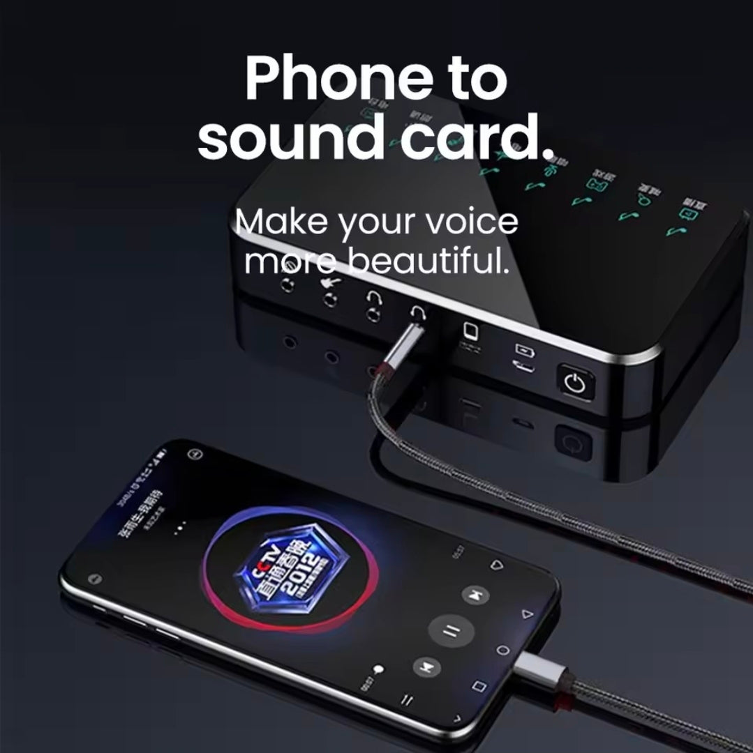 iPhone connected to external sound card via AXYON Lightning to 3.5mm cable - professional audio interface for voice enhancement and recording