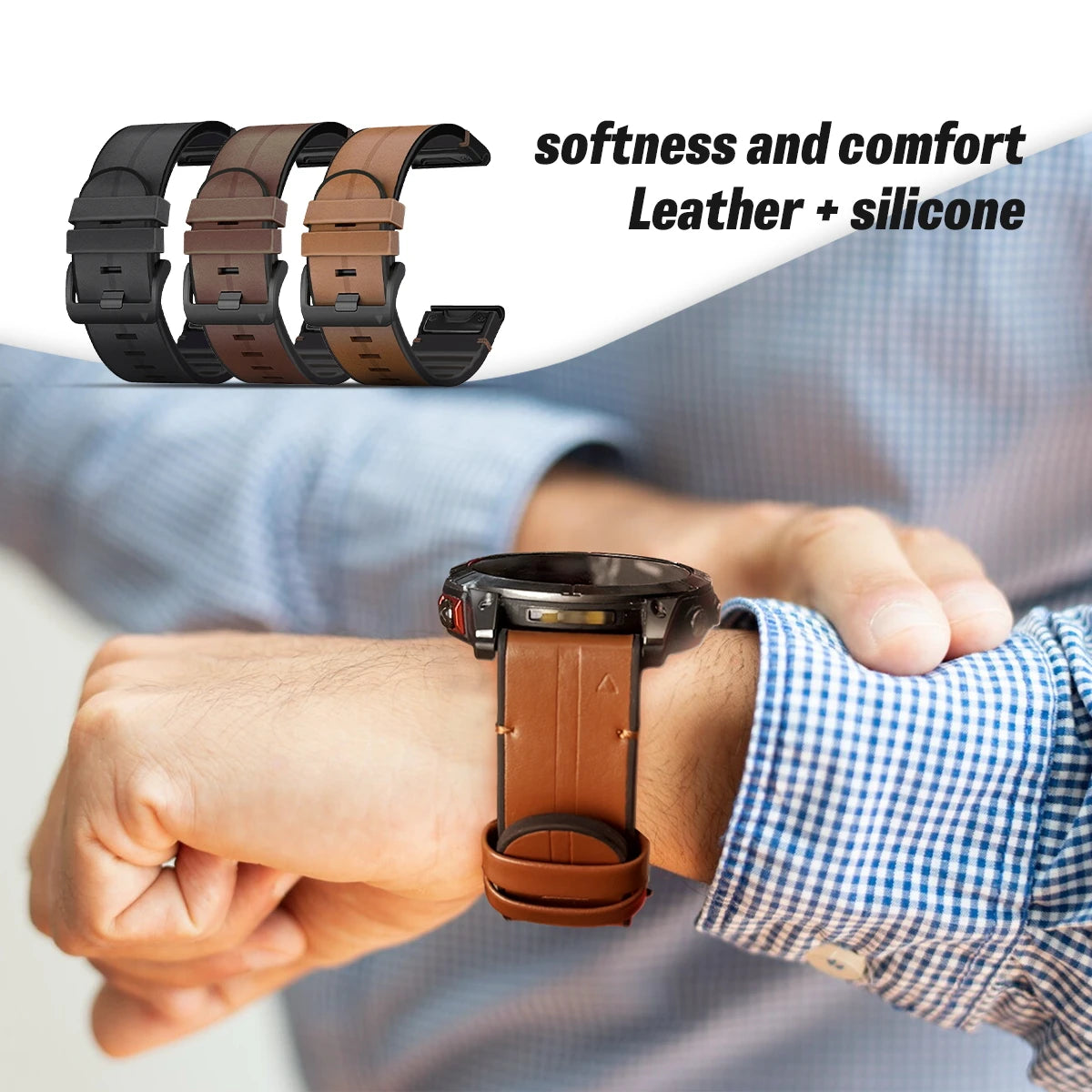 AXYON Garmin leather and silicone hybrid band with a pin buckle, QuickFit 22mm