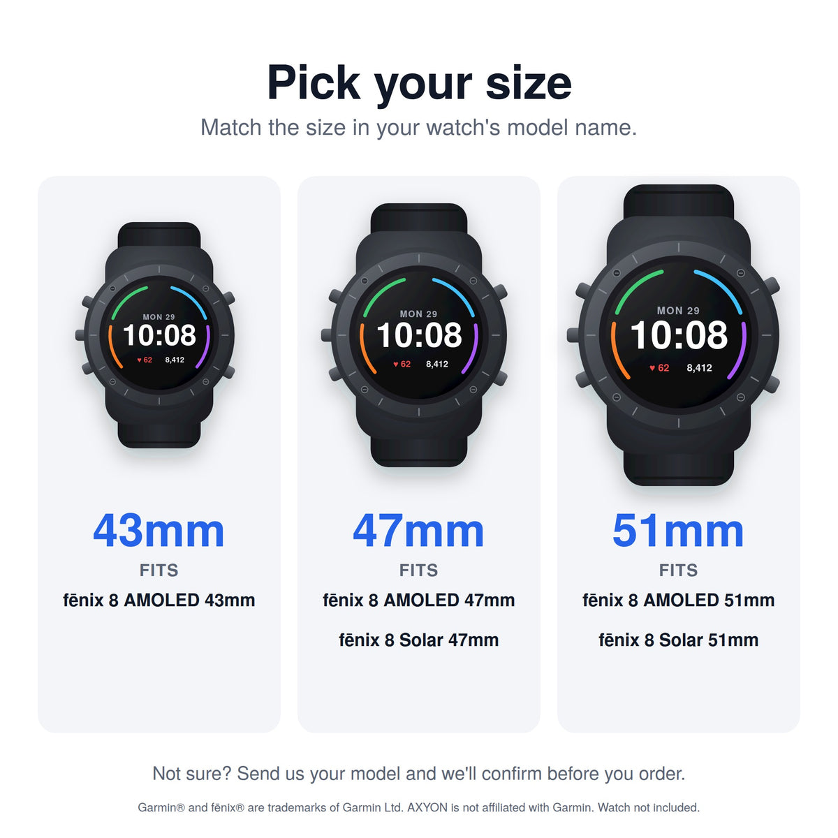 Size guide for AXYON PMMA soft film: 43mm fits fēnix 8 AMOLED 43mm; 47mm fits fēnix 8 AMOLED and Solar 47mm; 51mm fits fēnix 8 AMOLED and Solar 51mm