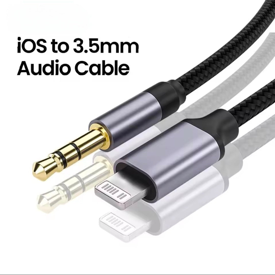 AXYON Premium Braided Lightning to 3.5mm AUX Audio Cable with aluminum connectors and gold-plated 3.5mm plug - 1m iPhone to car stereo cable