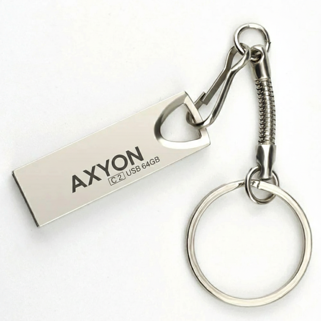 USB flash drive keychain with 'AXYON' branding on a white background