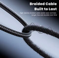 Braided cable with text highlighting its durability and features