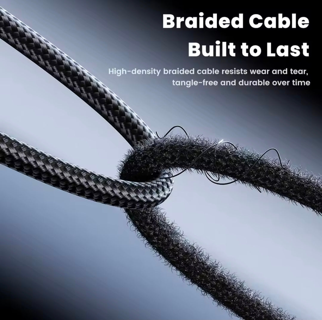 Braided cable with text highlighting its durability and features