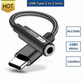 USB Type C to 3.5mm audio adapter with 'HOT' label and technical specifications on a white background
