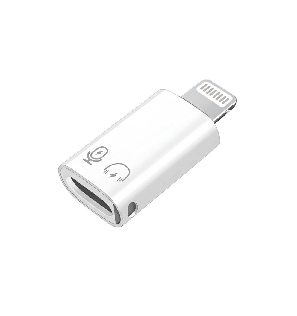 White USB adapter with lightning connector on a white background