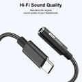 Hi-Fi audio adapter cable with USB-C and 3.5mm jack on a white background