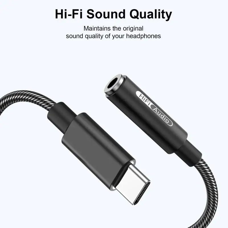 Hi-Fi audio adapter cable with USB-C and 3.5mm jack on a white background
