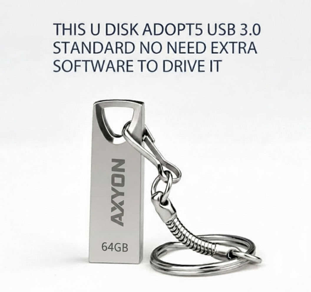 Silver USB drive with keychain attachment on a white background, featuring text about USB 3.0 standard and software compatibility.