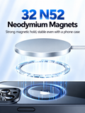 A promotional graphic for a magnetic phone case featuring a silver circular magnetic ring with 32 N52 neodymium magnets, shown floating above a smartphone camera module with blue light effects.