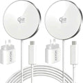 Two white 25W Qi2 MagSafe wireless chargers with white cables, USB-C connectors, and white wall power adapters stamped with vertical 