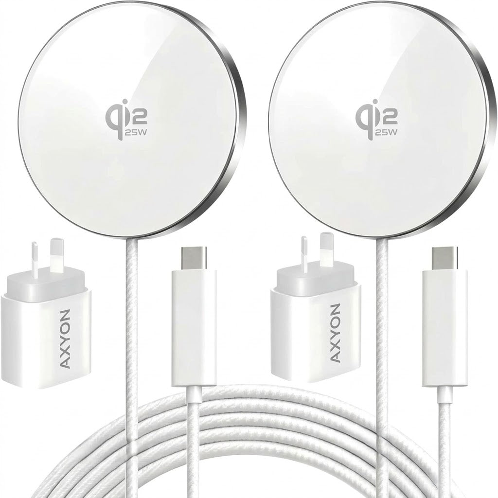 Two white 25W Qi2 MagSafe wireless chargers with white cables, USB-C connectors, and white wall power adapters stamped with vertical "AXYON" branding.  