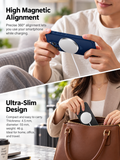 A two-panel marketing graphic showing a smartphone with a circular magnetic accessory attached, held by a person in a top panel and inserted into a brown handbag in a bottom panel. Text reads 'High Magnetic Alignment' and 'Ultra-Slim Design' with product specs below.