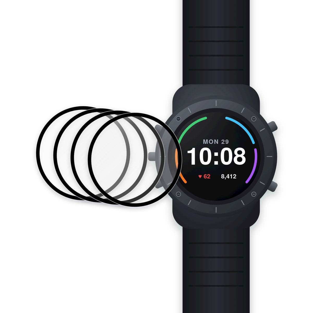 AXYON PMMA 3D soft film screen protector 4-pack beside a round smartwatch