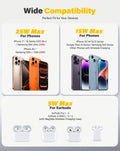 Compatibility chart for a wireless earbud charging case, showing supported phone models and charging power levels. The top section reads 'Wide Compatibility' and lists 25W Max for phones including iPhone 17/16 Series, Samsung S26 Ultra, iPhone 14/13, and Google Pixel 10/11/12/13/14/15 Series.