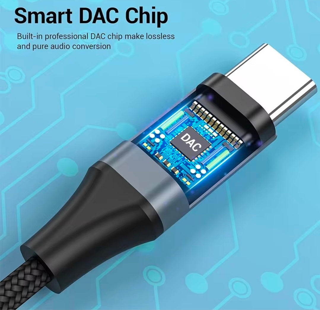 Smart DAC chip cable with electronic components on a blue circuit board background