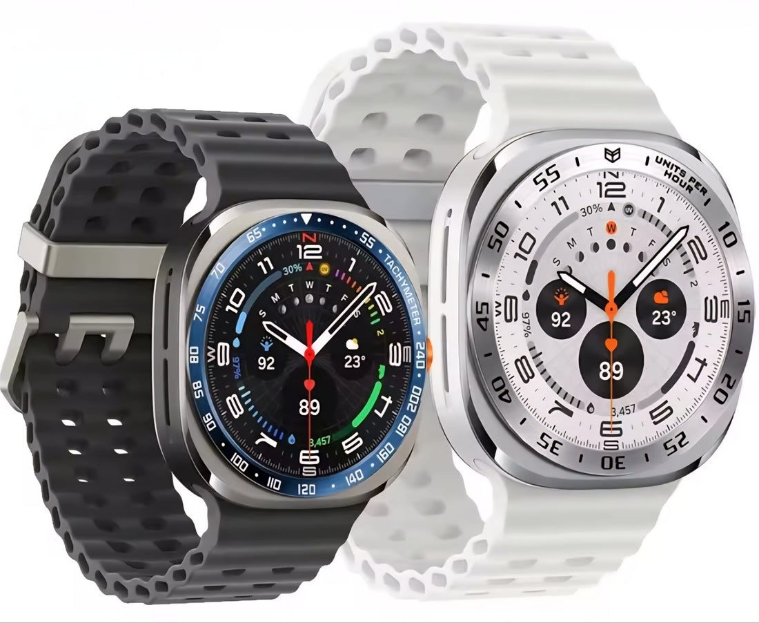 Two smartwatches with different design styles on a white background