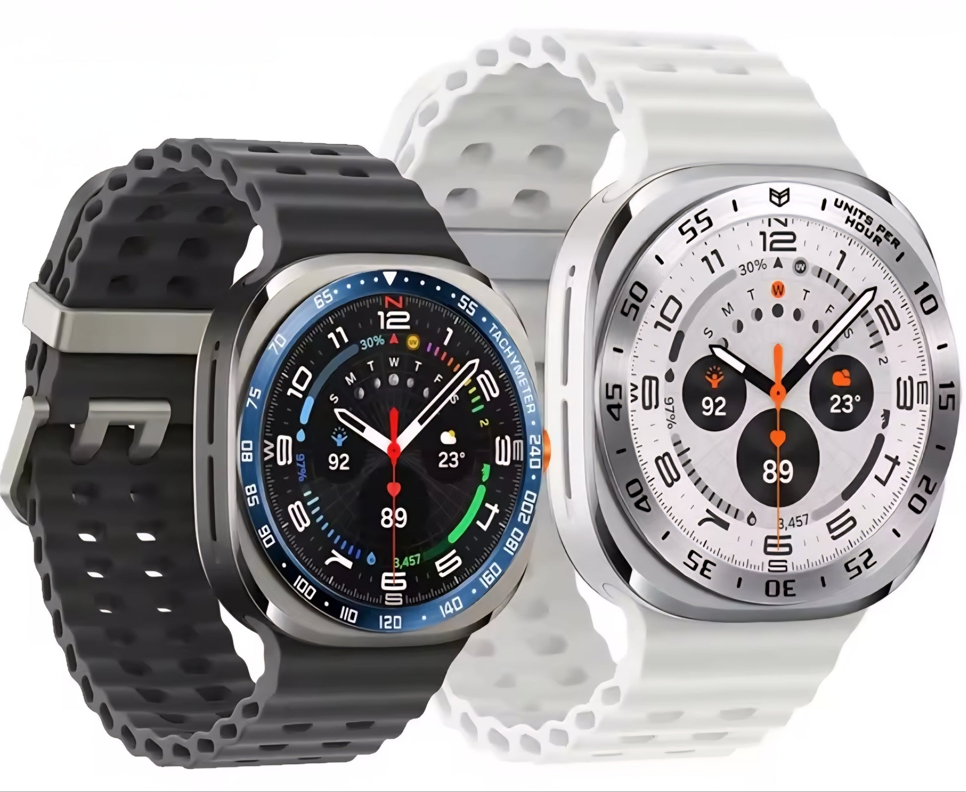 Two smartwatches with different design styles on a white background