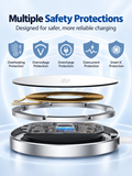 A promotional product graphic for a wireless charging pad showing layered exploded views of the device and five safety icons above: overheating protection, overvoltage protection, overcharge protection, overcurrent protection, and smart IC protection. The pad is metallic silver and black with a gold-toned coil, on a light blue gradient background.