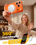A woman in a beige sweater holds up an orange phone case with a built-in wireless charger, showing a white charging cable connected to a phone in a living room setting. Promotional text reads '360° Free Charging' and 'For a Hassle-free Life!'.