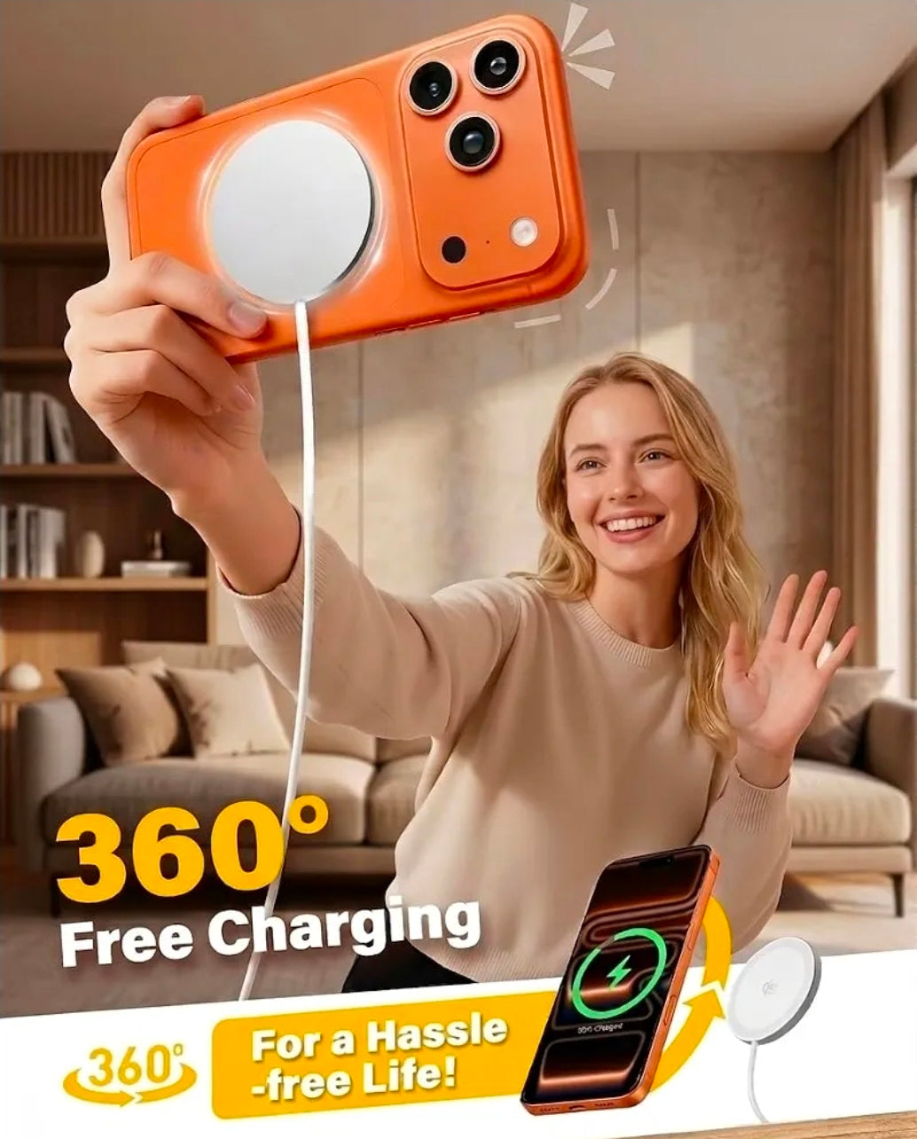 A woman in a beige sweater holds up an orange phone case with a built-in wireless charger, showing a white charging cable connected to a phone in a living room setting. Promotional text reads '360° Free Charging' and 'For a Hassle-free Life!'.
