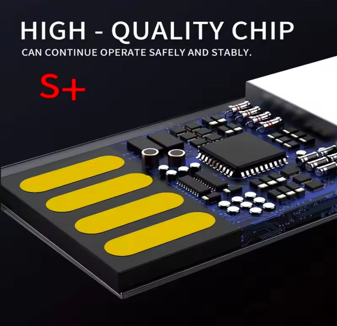 Electronic chip with 'S+' branding on a black background