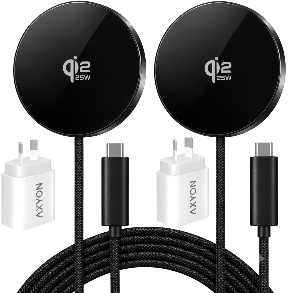 Two black 25W Qi2 MagSafe wireless chargers with black braided cables, USB-C connectors, and white wall power adapters stamped with vertical "AXYON" branding.