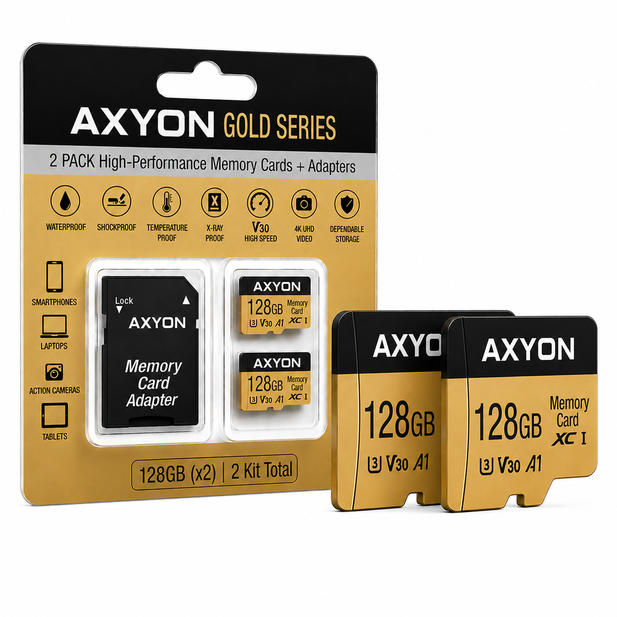 AXYON Gold Series 128GB memory card set in retail blister packaging, with two memory cards and one adapter displayed in front of the card holder.