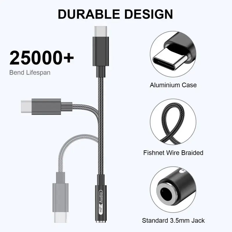 Multifunctional cable with connectors and text highlighting durability features on a white background