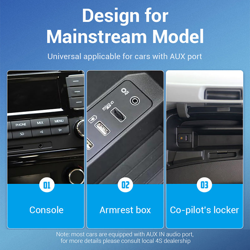Product design for mainstream model with AUX port applicability on car console, armrest box, and co-pilot's locker.