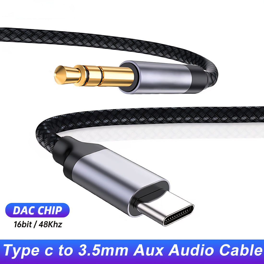 Multifunctional cable with USB-C, 3.5mm jack, and braided design on a white background
