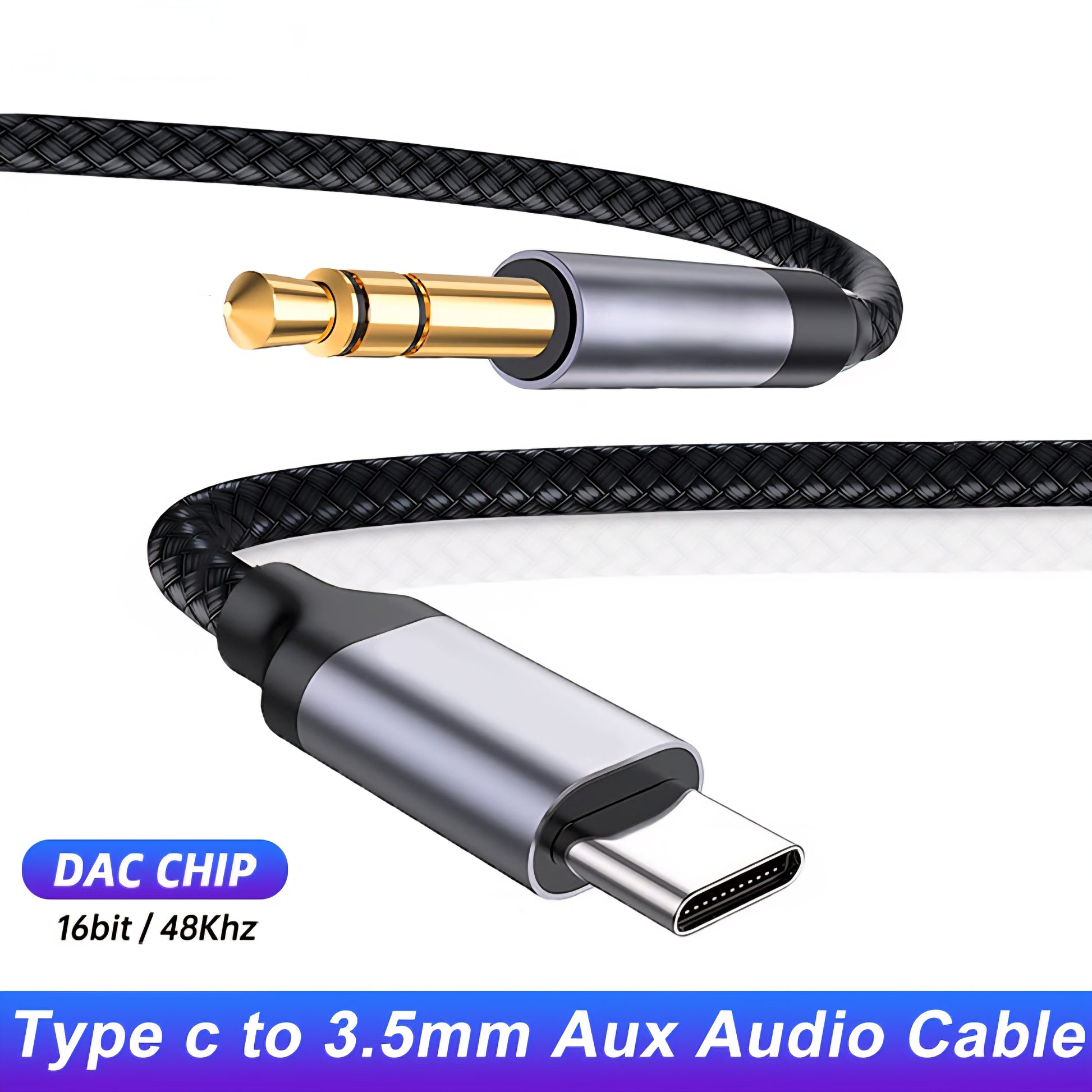 Type C to 3.5mm Aux Audio Cable with DAC Chip on a white background