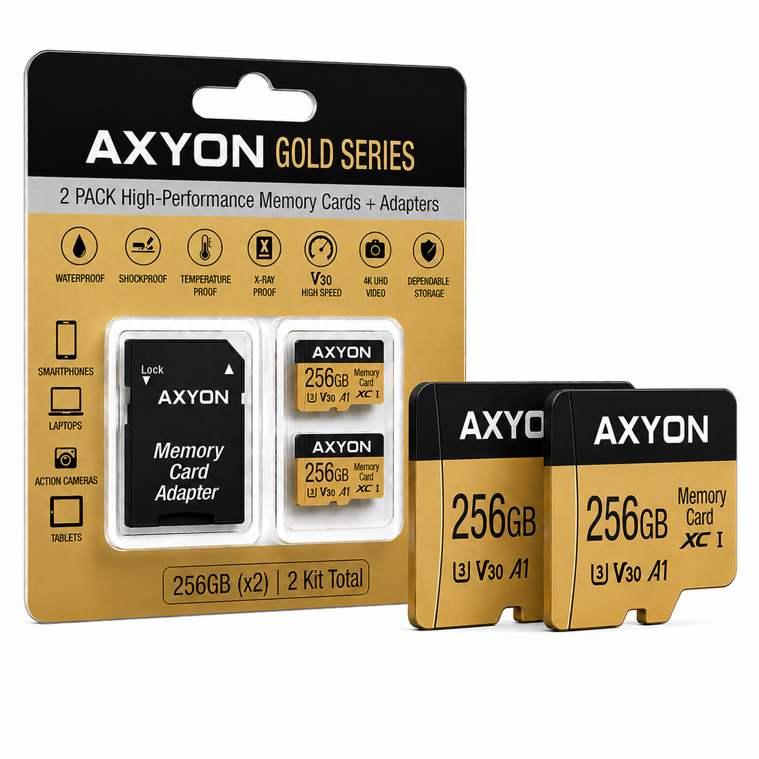 A 2-pack of AXYON Gold Series 256GB memory cards with adapters, shown in front of their retail blister packaging. The cards are black and gold with white text, and the packaging is black and gold with white and gray text.