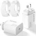 A 30W white AXYON fast charger set including two coiled white cables and two wall adapters, displayed on a clean white background.