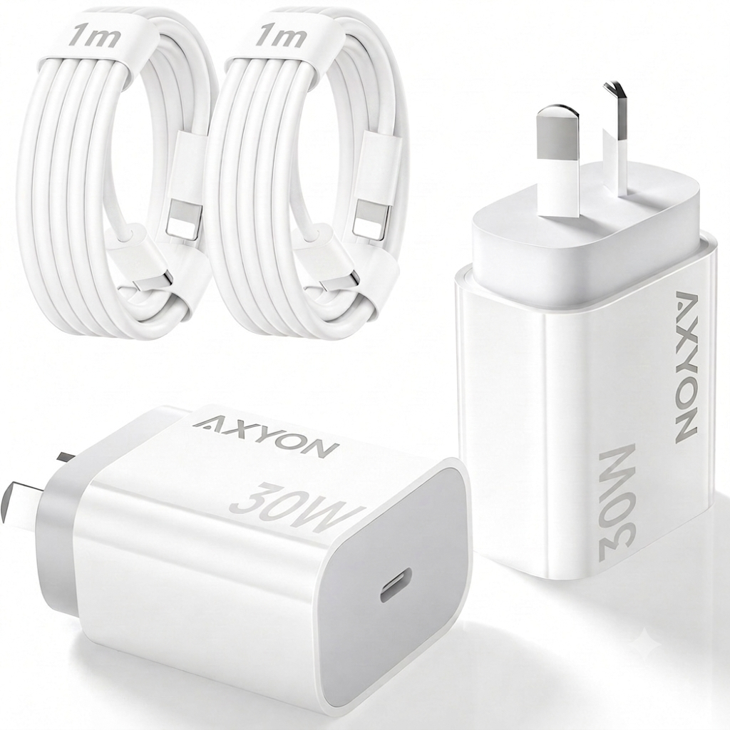 A 30W white AXYON fast charger set including two coiled white cables and two wall adapters, displayed on a clean white background.