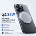 A dark gray smartphone shown at an angle with a circular MagSafe-style wireless charger attached to the back. Text on the left reads 'qi2 25W' and 'FULL-SPEED WIRELESS CHARGING,' with additional feature callouts and certification text.