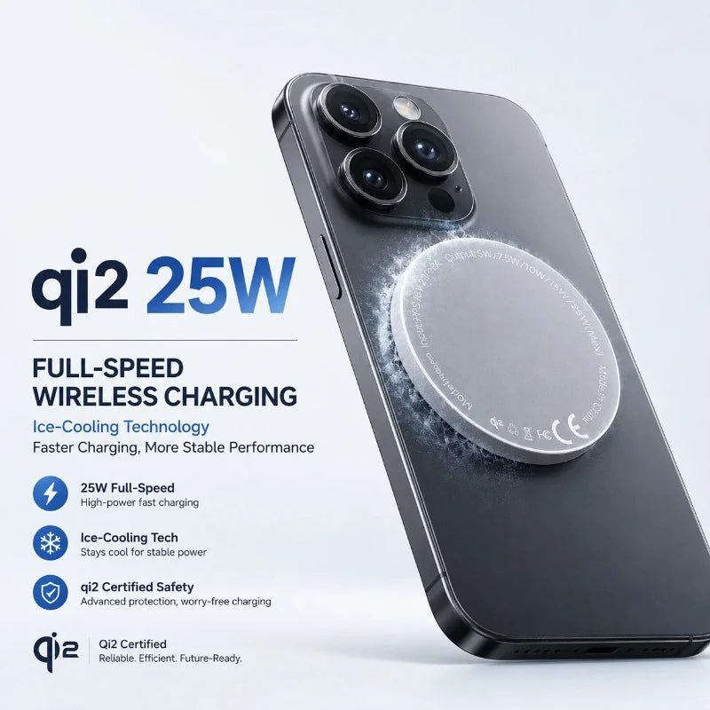 A dark gray smartphone shown at an angle with a circular MagSafe-style wireless charger attached to the back. Text on the left reads 'qi2 25W' and 'FULL-SPEED WIRELESS CHARGING,' with additional feature callouts and certification text.