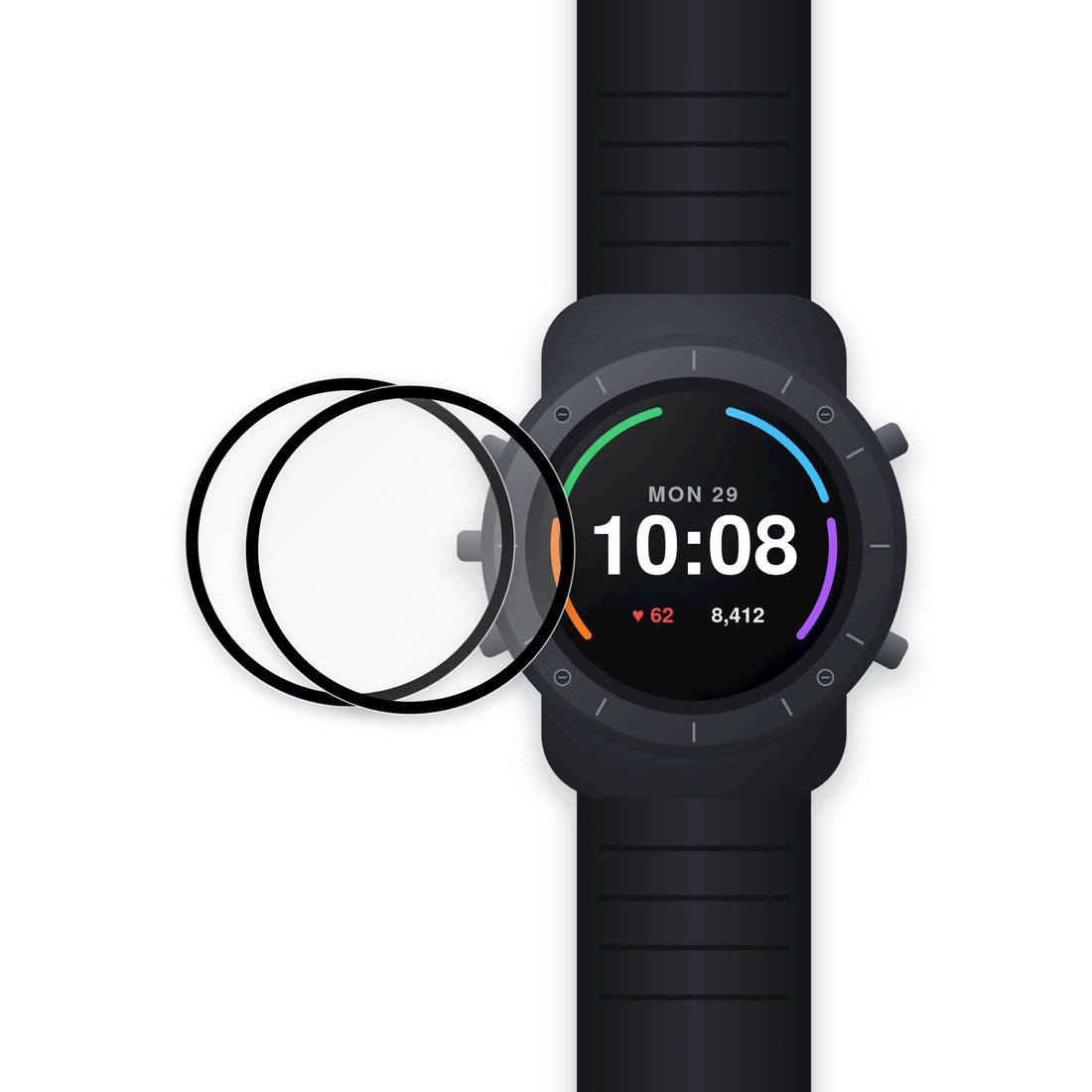 AXYON PMMA 3D soft film screen protector 2-pack beside a round smartwatch
